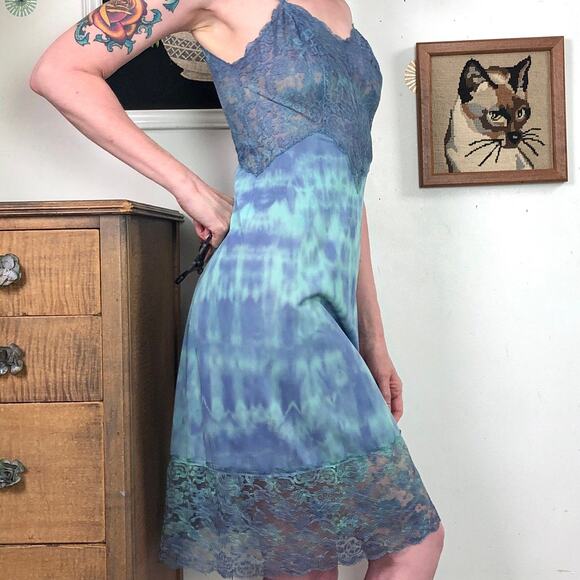 Vintage Hand Dyed Slip Dress, 1960s Vanity Fair Green & Blue Galaxy Mist Sz XS - Picture 8 of 10